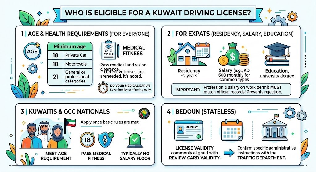 Who is eligible for a Kuwait driving license?